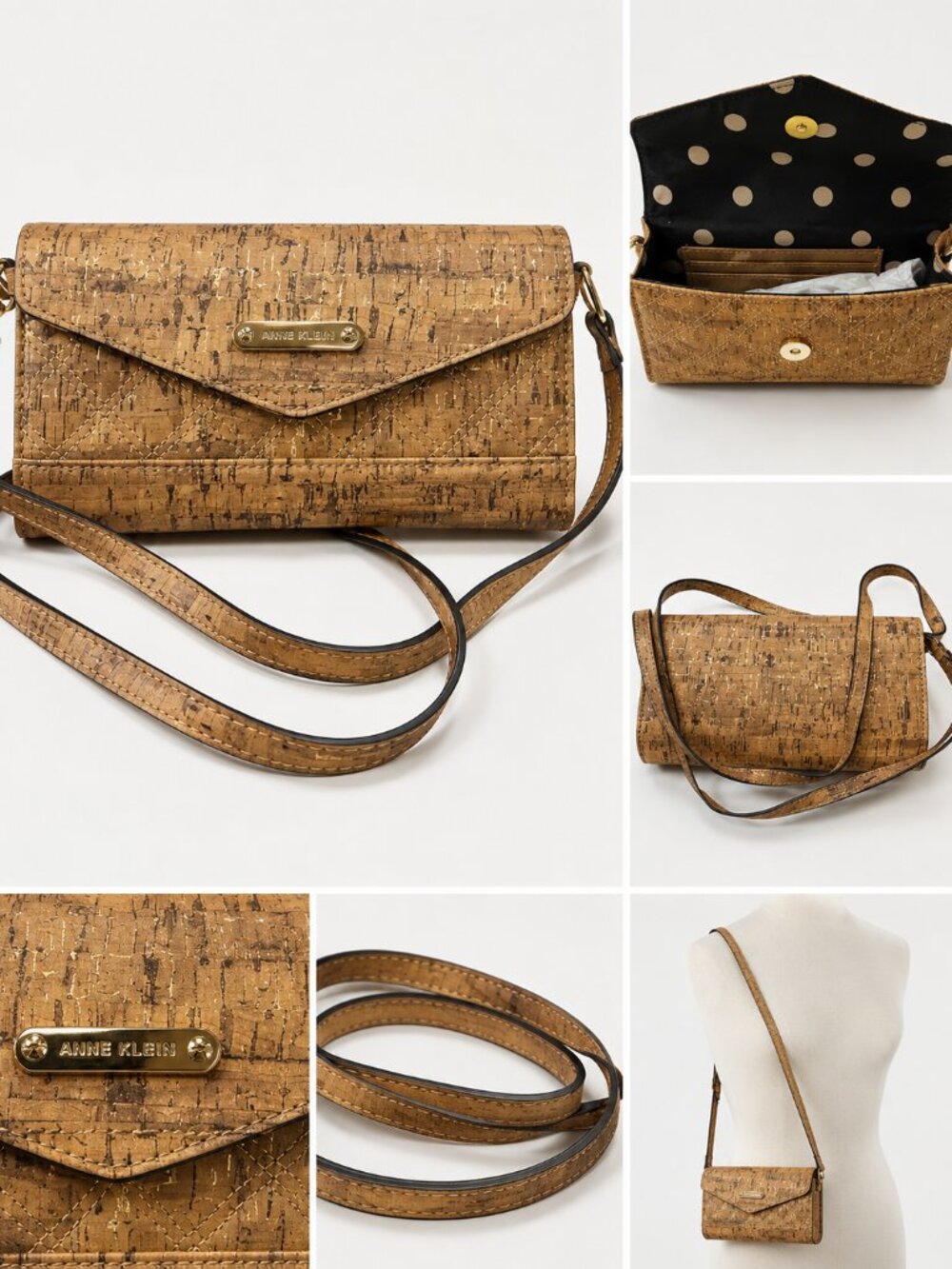 NWT Anne Klein Tan Cork Texture Quilted Crossbody Bag Gold Hardware